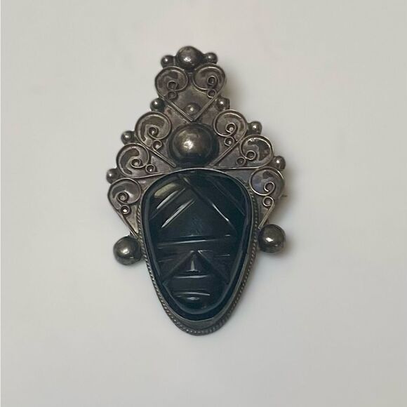 Vintage sterling & onyx brooch, mexico - Picture 1 of 2